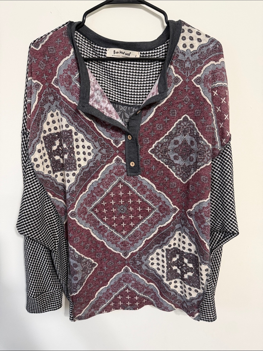 Three Bird Nest Maroon, Black & Cream Patchwork Henley Long Sleeve